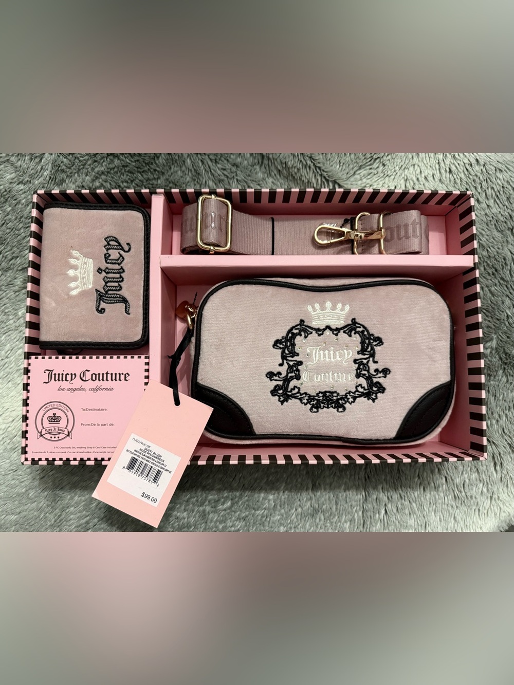 Juicy Couture Dusty Blush Rose Heritage slim Camera Bag & envelope Gift Box Set